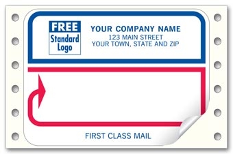 These pin-feed continuous labels are printed in red and blue ink with your company name and address.