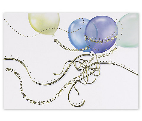 Thinking of You and Get Well wishes adorn the front of this card in gold foil with balloons. 