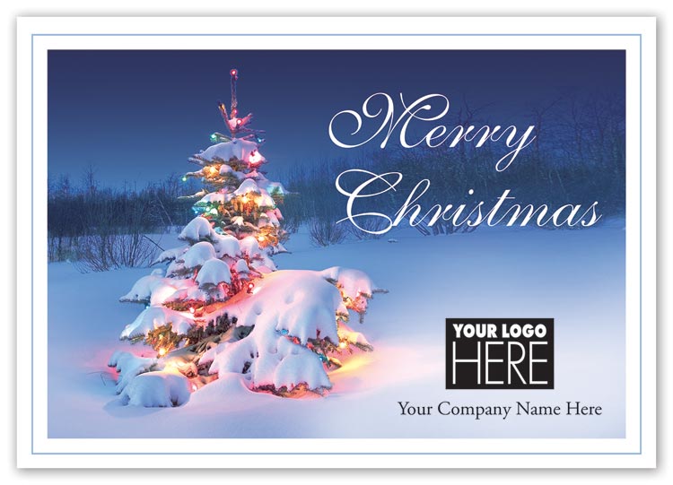 Christmas card with snowy Christmas tree and logo imprint option
