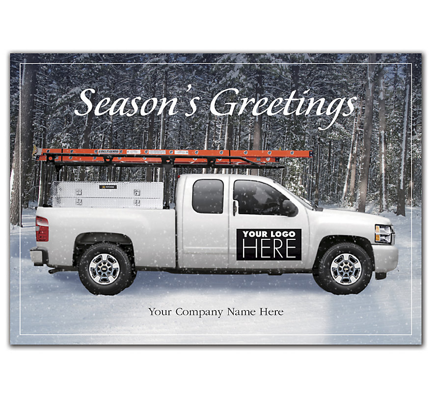 Customized holiday cards with contractor-specific imagery like this pick-up truck and ladder.