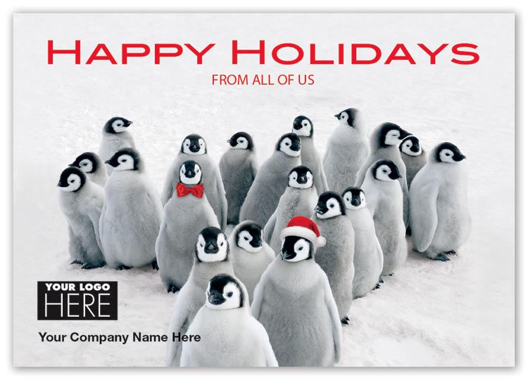 Holiday cards with penguin parade and black ink logo imprint option


