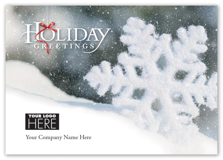 Holiday logo cards with full-color snowflake burst image with custom options

