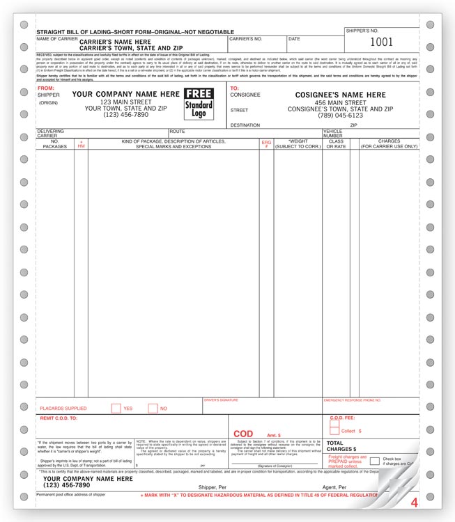 Custom Continuous Bill of Lading Form