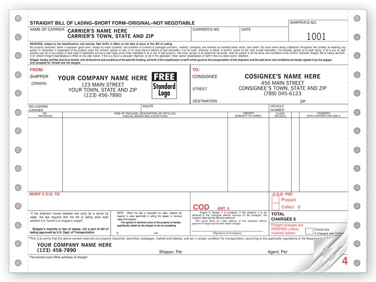 Custom Cont. Continuous Bill of Lading Form
