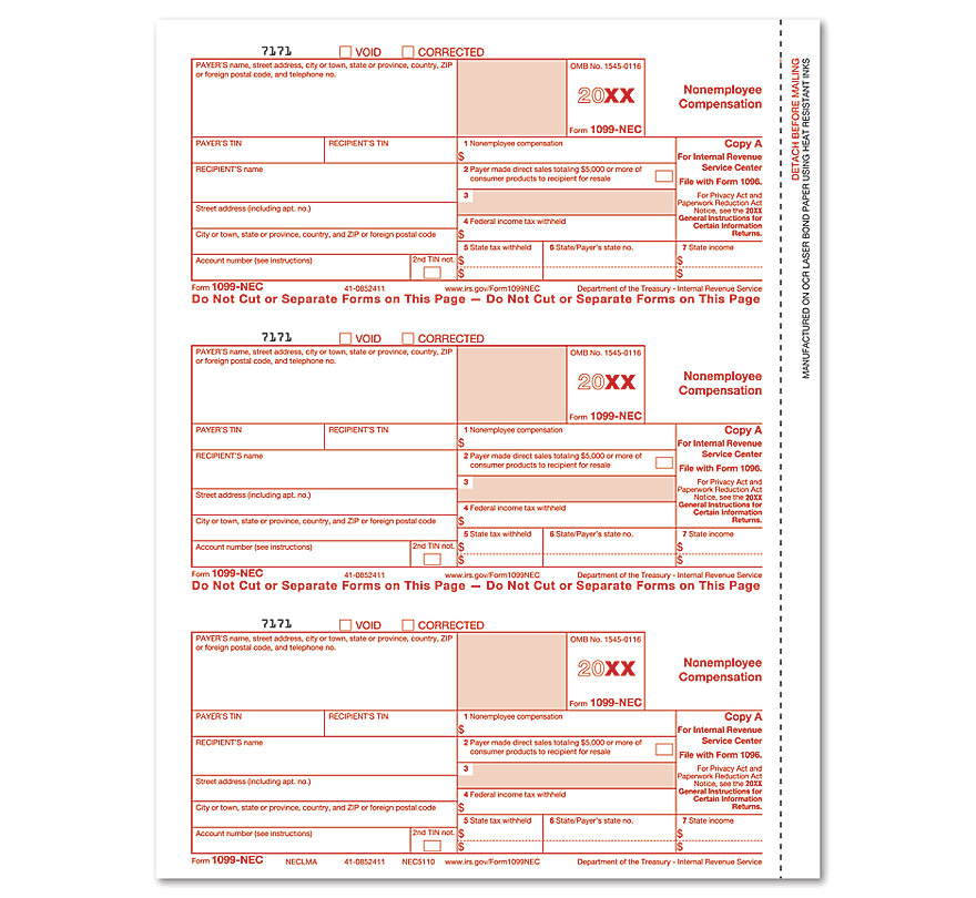 1099 NEC Form Copy A with Cut Sheet