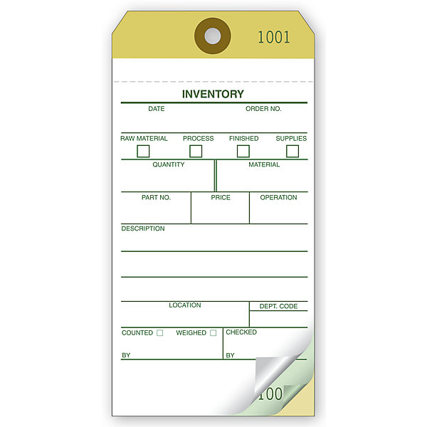 Numbered inventory tags with boxes and description area. Pre-printed for your convenience.