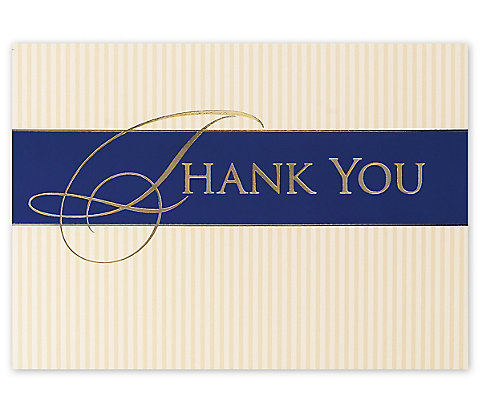 Send thanks with this eye-catching card that has Thank You stamped in gold foil on top of a printed blue band.