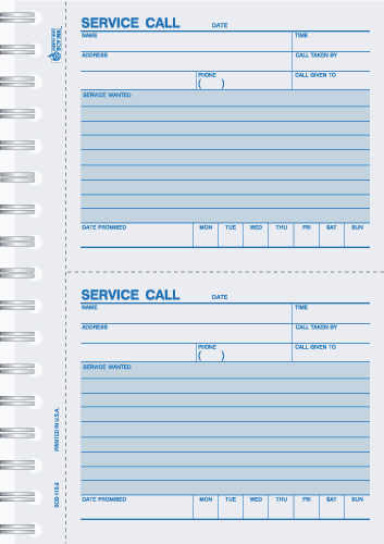 Service call books with 2 slips per page, bound to the left with numbering.