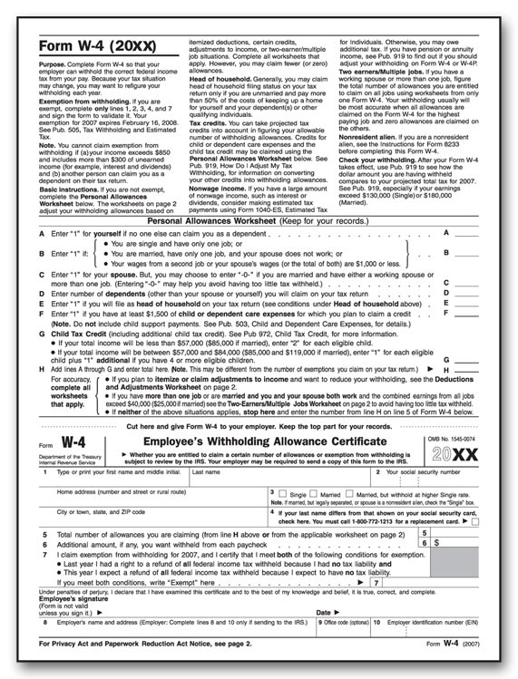 TF1020 - W-4 Form - Employee's Withholding Allowance Certificate, Large Format