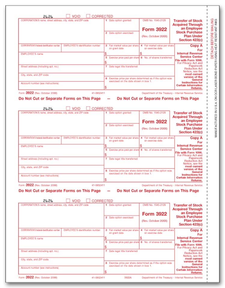TF3922A - 3922 Laser Tax Forms, Copy A