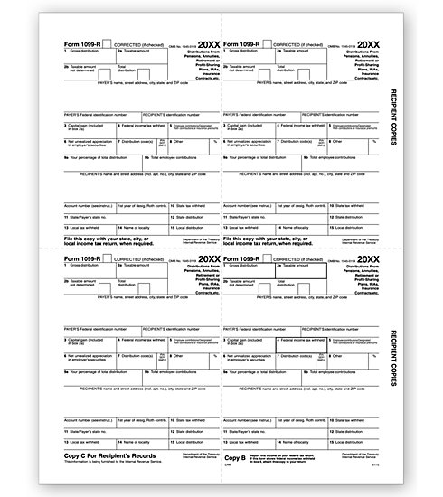 TF5175 - IRS Tax Forms - Laser 1099 R - 4-Up Recipient Copy B, C, 2
