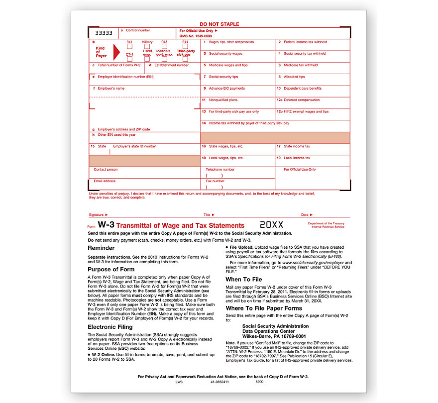 TF52002 - Laser W-3 Form - Transmittal of Wage and Tax Statements