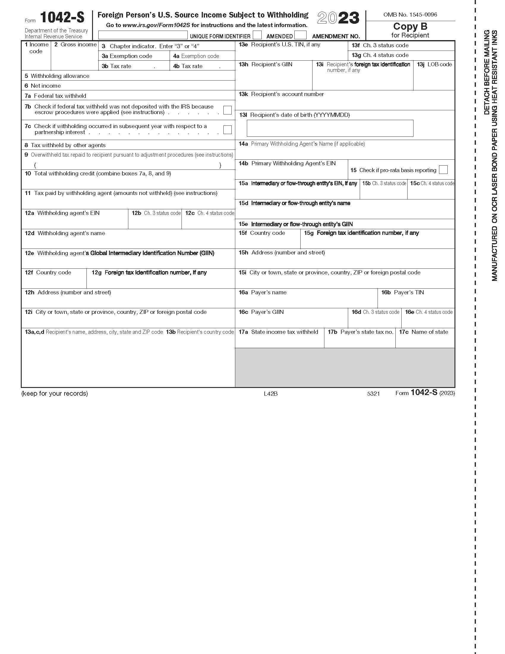  Laser 1042-S Tax Form, Copy B