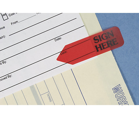 Eye-catching red "Sign Here" tag eliminates missing signatures from important documents!