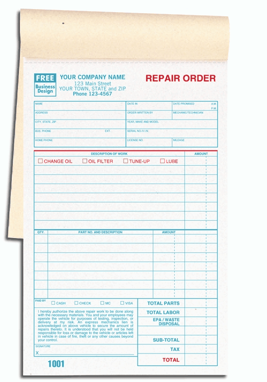 2545 - Booked Auto Repair Order Forms