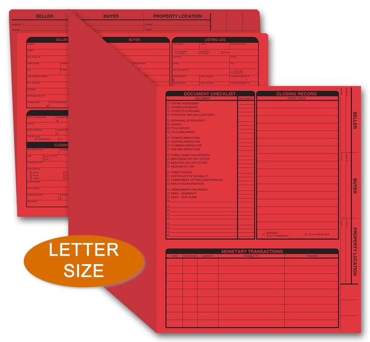 Red real estate folders featuring a closing list on the right panel.