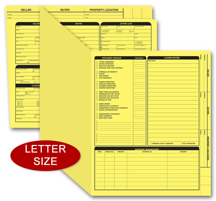 These yellow real estate folders include the closing list on the right panel.
