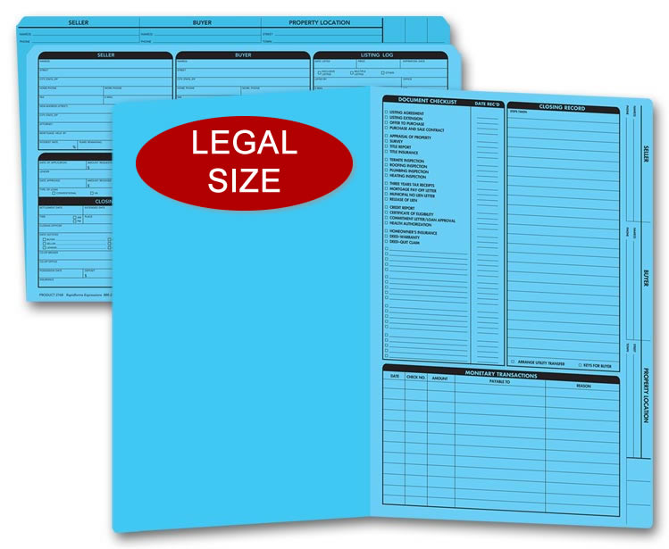Legal size blue real estate listing folders with a closing list on the right panel.