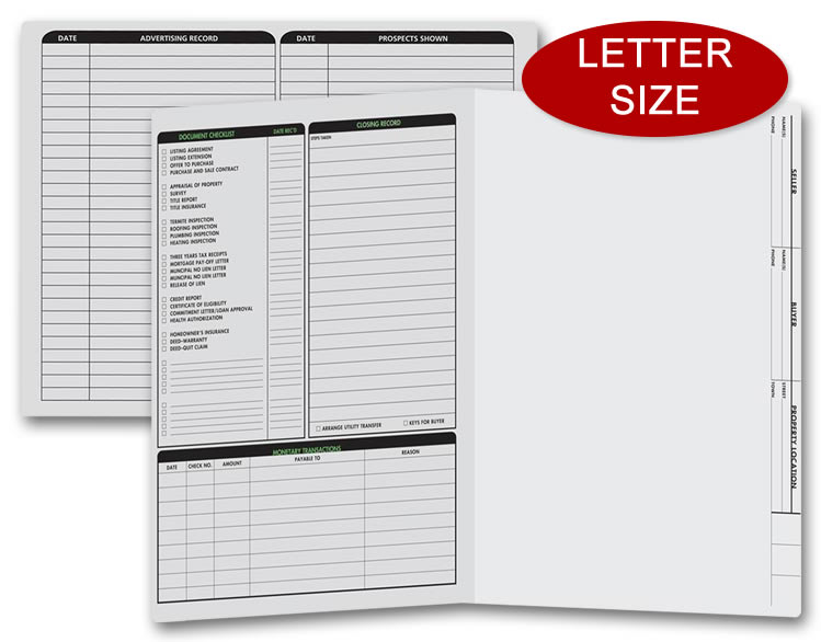 These gray real estate folders include a closing list on the left panel.