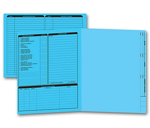 These blue real estate folders come with a closing list on the left panel.
