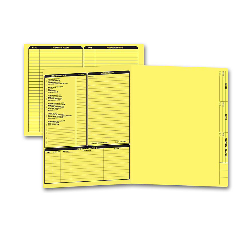These yellow real estate folders come with a closing list on the left panel.