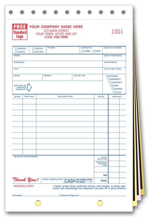 Customize these service invoices that come with a carbon insert and a tag copy.