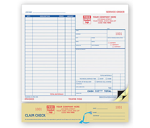 Personalized service order forms with claim check and printing on the back.