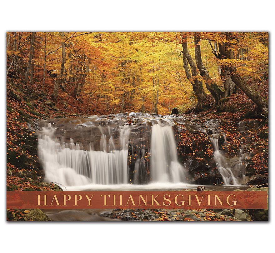 Business Thanksgiving greeting cards for Fall and forest lovers alike, displaying a beautiful waterfall.