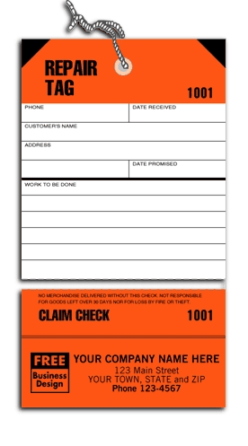 D304 - Personalized Repair Tags with Claim Check, Bright Orange