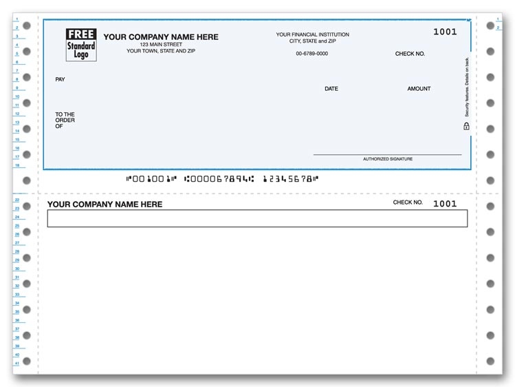 Personalized Continuous Business Checks with blank bottom stub. Choose typestyle and herringbone background.