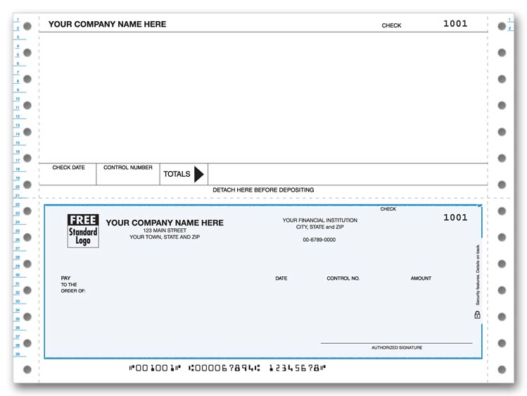 Personalized Continuous Business Checks with blank top stub. Choose your background. Use with dot matrix printer.