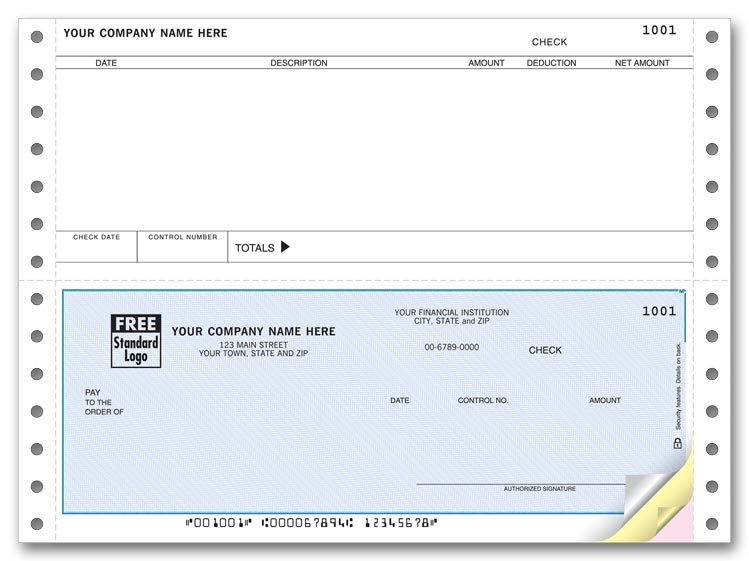 Continuous Accounts Payable checks are for use with dot matrix printers. Detachable headed top stub.