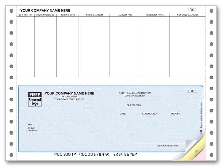 Accounts Payable Continuous Checks come with pre-printed detachable stub that includes a discount header.