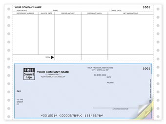 Continuous Accounts Payable checks come with detachable top stub for recording necessary info.