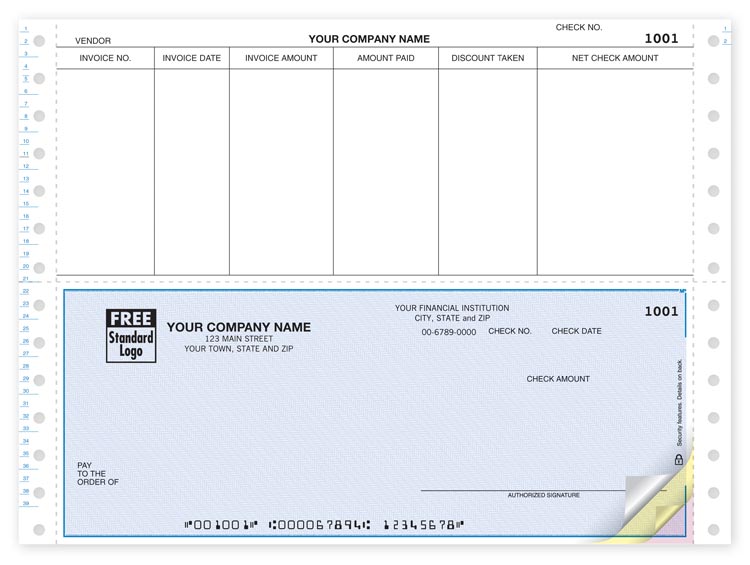 Continuous Accounts Payable Checks come with a top stub with headings. Choose check color. 