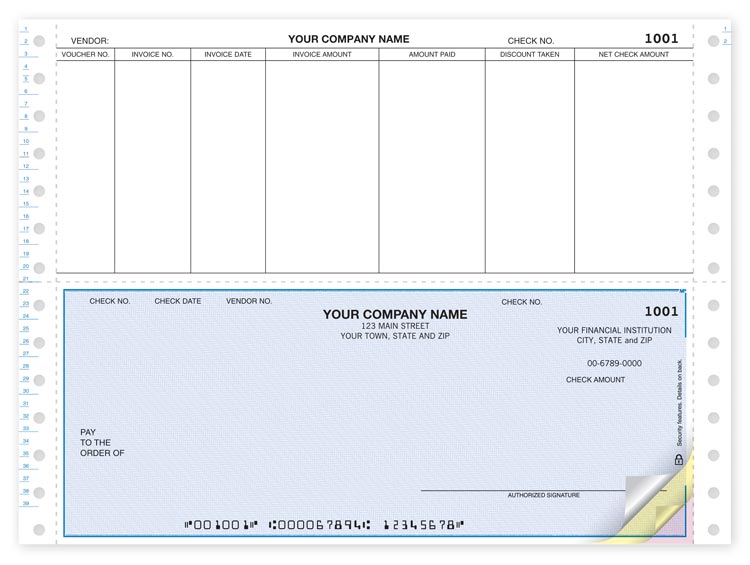 Continuous Accounts Payable Checks for use with Macola software. Detachable top stub. Choose from 7 herringbone colors.