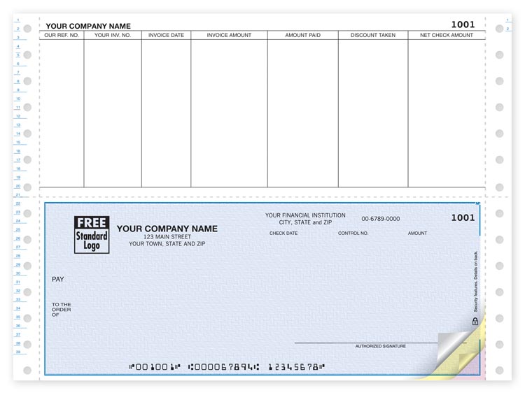 Continuous Accounts Payable Checks have a detachable top stub. Work with Pin-Feed printers.