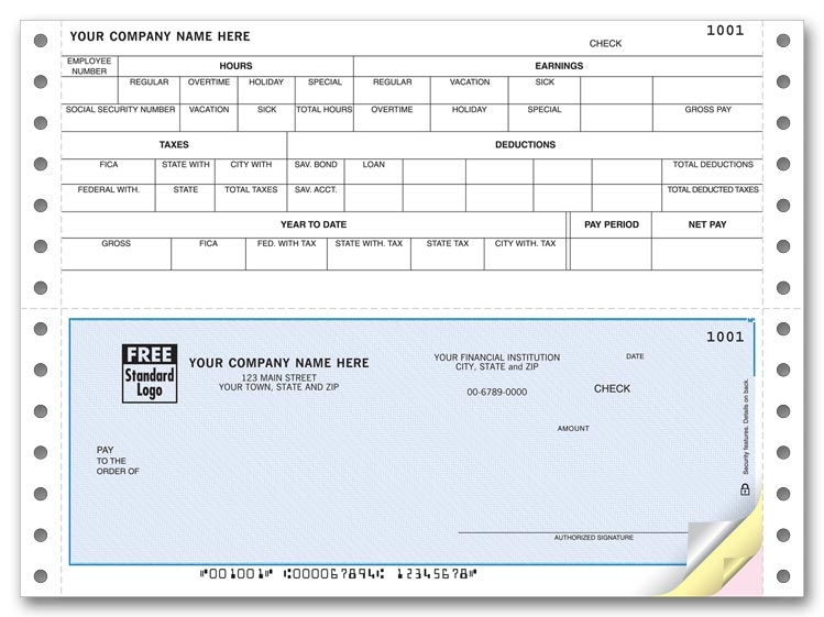 Continuous Payroll Checks are convenient with a pre-printed detachable stub. Personalize. Choose your background color.