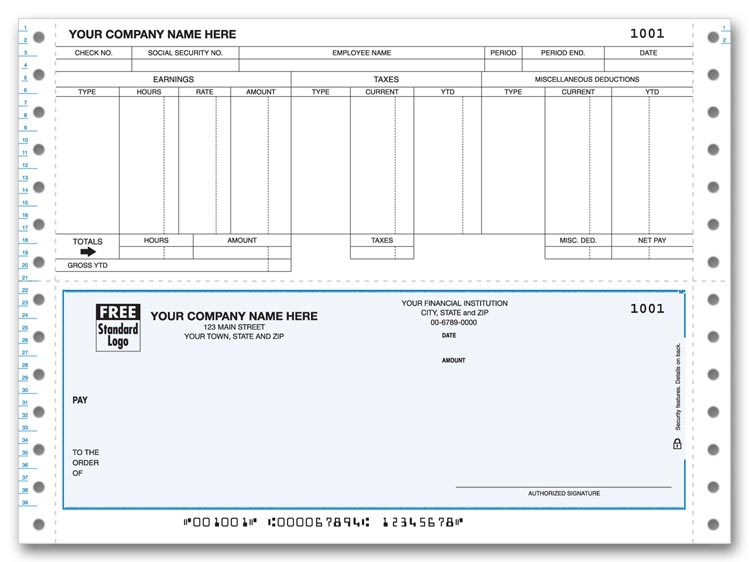 Continuous Payroll Checks are convenient with a pre-printed detachable stub. Cent column. Choose your background color. 