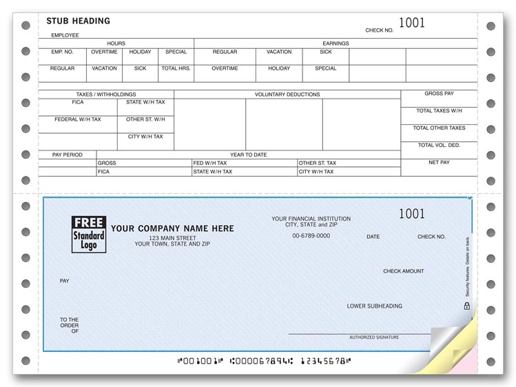 Continuous Payroll Checks are convenient with a pre-printed detachable stub. Choose your background color. Personalize. 