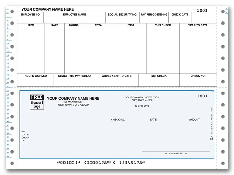 Continuous Payroll Checks are convenient with a pre-printed detachable stub. Works with Peachtree software.. 