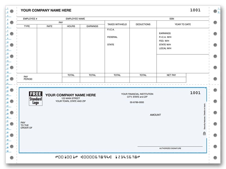 Continuous Payroll Checks are convenient with a pre-printed detachable stub.  YTD taxes column. Choose your background color.