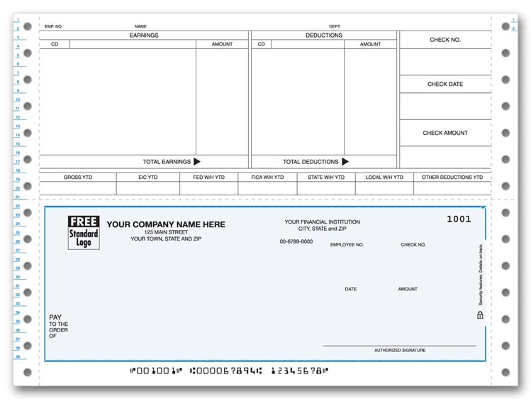 Continuous Payroll Checks are convenient with a pre-printed detachable stub. Personalize. Choose your check color.