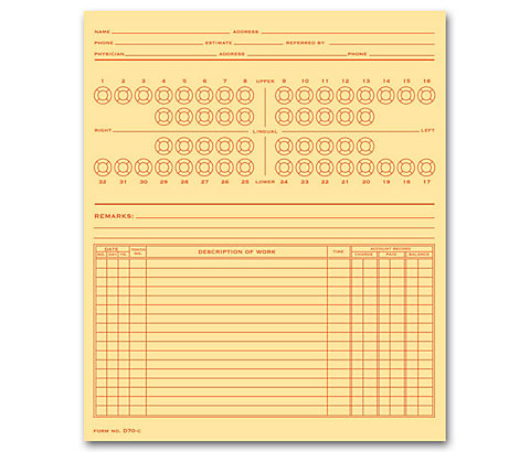 Accurate charting and notes! Depicts teeth in numbered System C number format on heavy buff ledger stock. Ruled back for addi