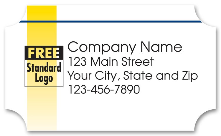 These advertising labels come with your company name printed in black ink on a white background with left gold bar design.