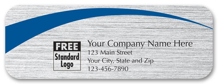 Weatherproof labels printed with your company name on brushed silver stock with a blue semi-circle running across.