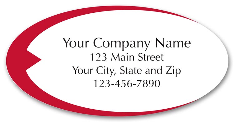 Weather proof labels on clear stock with your company name next to a red design.