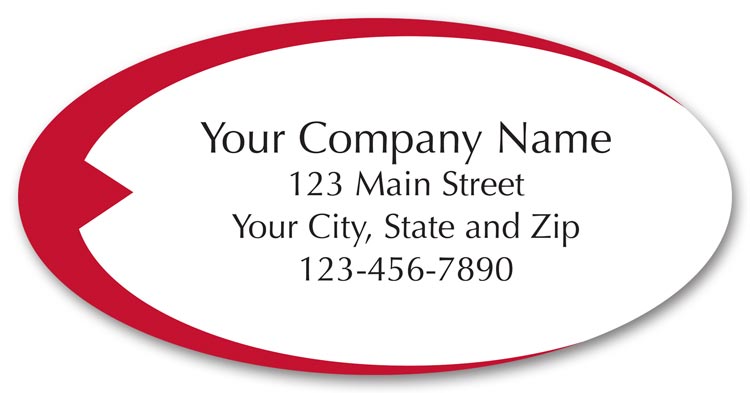 Small advertising labels with a red swish design on white matte paper stock.