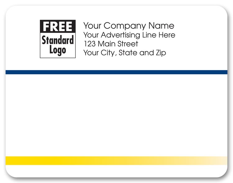 Custom mailing labels with a navy blue stripe and a yellow stripe running across.