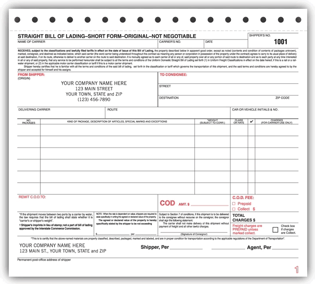 6205 - Short Form Straight Bills of Lading Printing